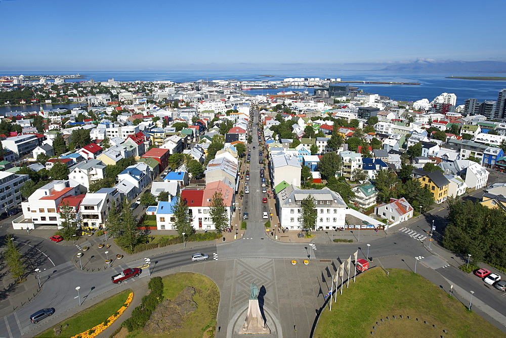 View over the rooftops of the Icelandic capital, from the top of Hallgrimur's Church (Hallgrimskirkja), Reykjavik, Iceland, Polar Regions