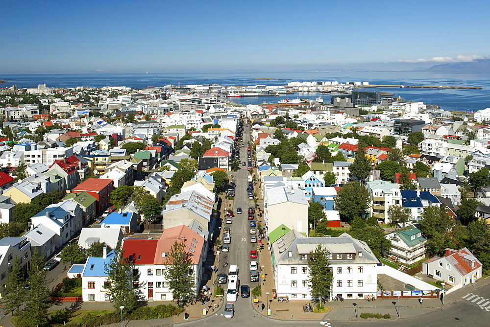 View over the rooftops of the Icelandic capital, from the top of Hallgrimur's Church (Hallgrimskirkja), Reykjavik, Iceland, Polar Regions