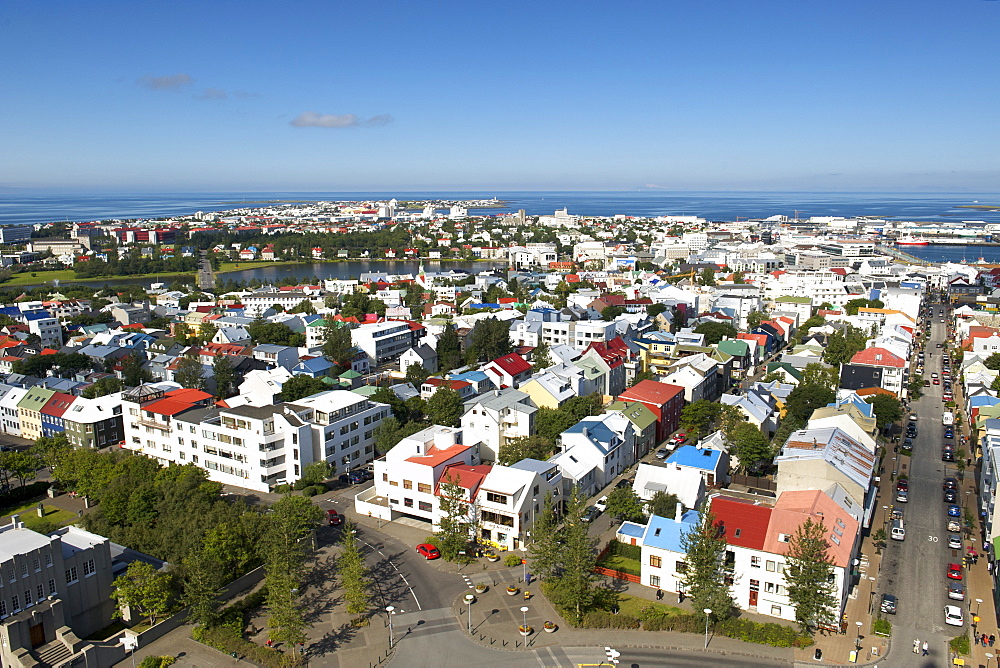 View over the Icelandic capital from the top of Hallgrimur's Church (Hallgrimskirkja), Reykjavik, Iceland, Polar Regions