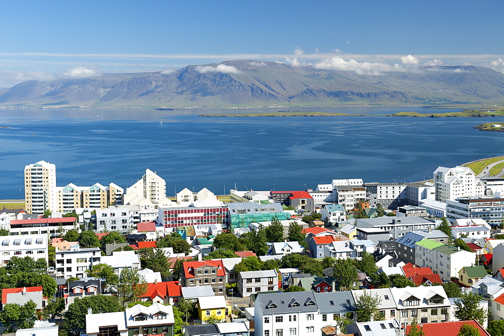 View over the capital including Faxa Bay and Snaefellsnes peninsula from the top of Hallgrimur's Church, Reykjavik, Iceland, Polar Regions