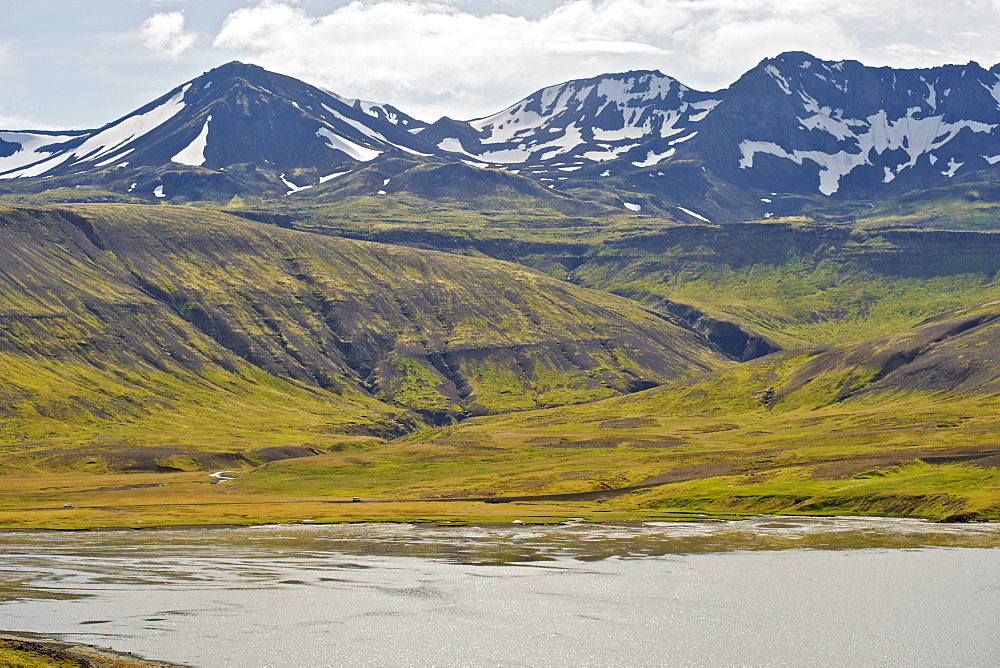 Mountainous landscape of Snaefellsness National Park in the west, with part of Alftafjordur fjord visible in the foreground, Iceland, Polar Regions