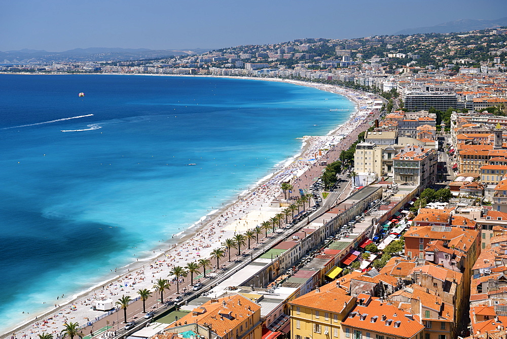 The Baie des Anges (Bay of Angels), the promenade, beaches and city, Nice, Provence, Cote d'Azur, French Riviera, France, Mediterranean, Europe