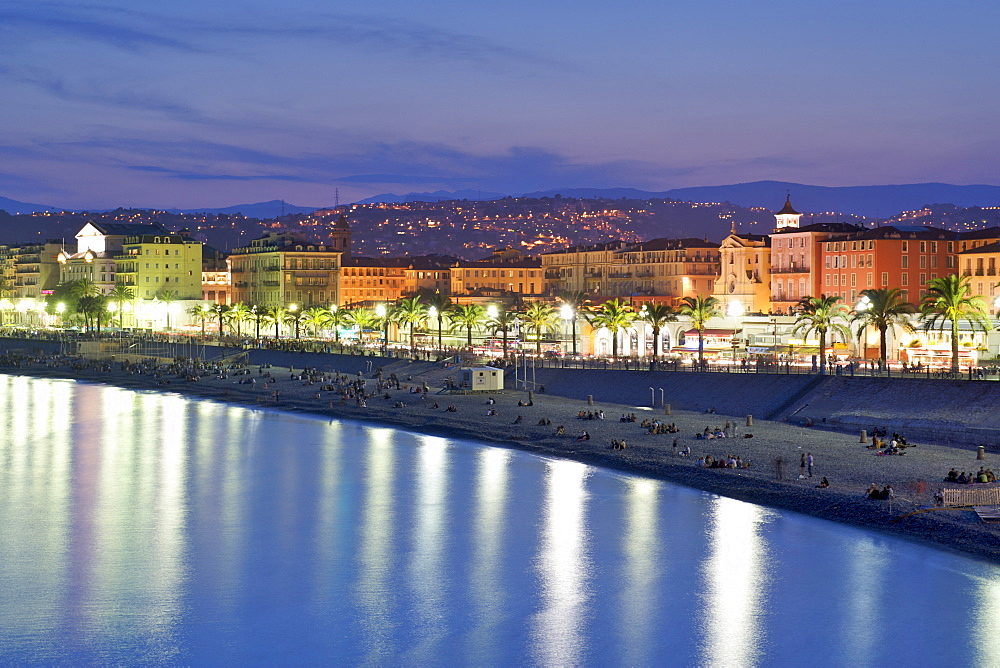 Night-time view of the Baie des Anges (Bay of Angels) and its beach, Nice, Provence, Cote d'Azur, French Riviera, France, Mediterranean, Europe