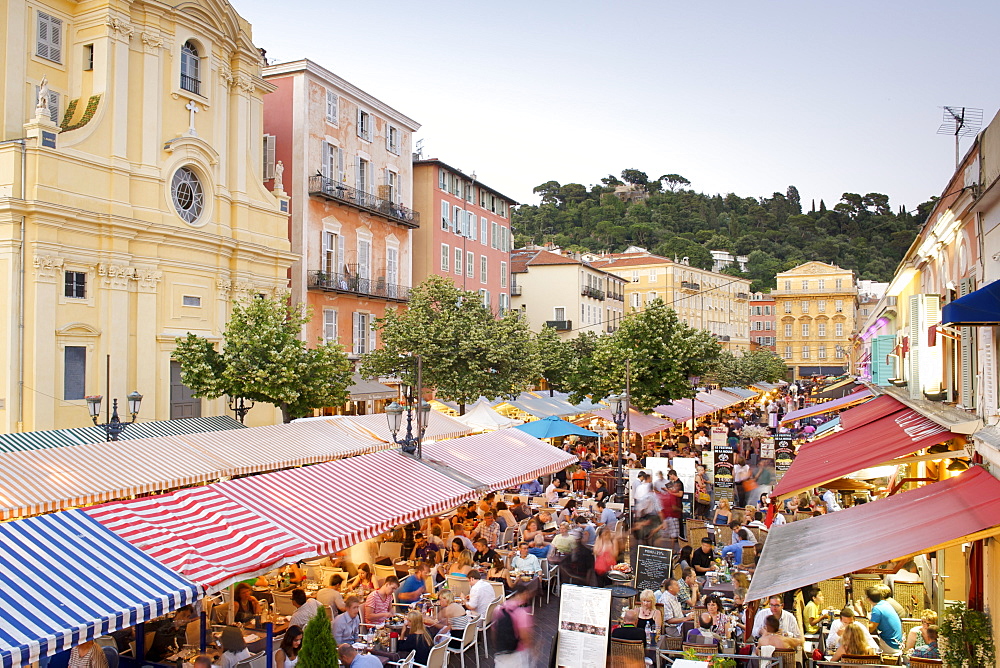 Dusk view of open air restaurants in the Cours Saleya, Nice, Provence, Cote d'Azur, French Riviera, France, Mediterranean, Europe