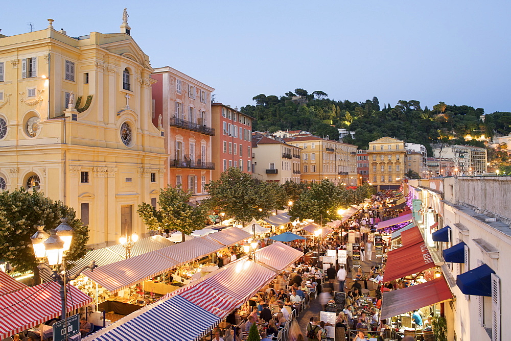 Dusk view of open air restaurants in the Cours Saleya, Nice, Provence, Cote d'Azur, French Riviera, France, Mediterranean, Europe