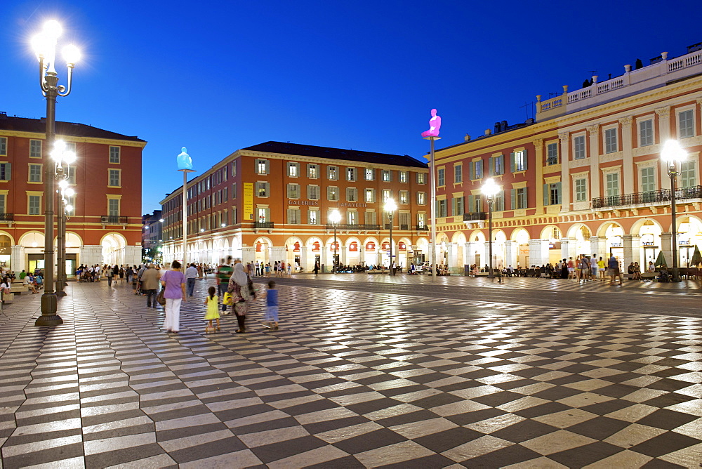 Dusk view of the Place Massena and Galleries Lafayette, Nice, Provence, Cote d'Azur, French Riviera, France, Mediterranean, Europe