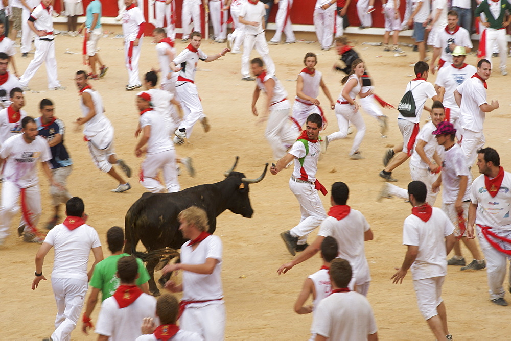 Crowds in the bullring during the annual festival of San Fermin (The Running of the Bulls) in Pamplona, Navarra, Euskadi, Spain, Europe