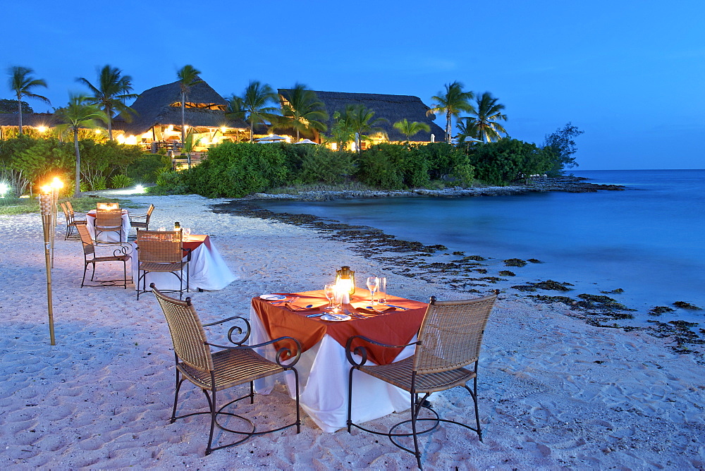 Dinner tables on the beach at Matemo Lodge in the Quirimbas archipelago in Mozambique, Indian Ocean, Asia