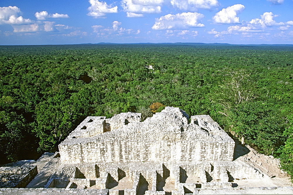 View across the Tierras Bajas rainforest from the top of the Calakmul Mayan ruins, UNESCO World Heritage Site, Campeche state, southern Mexico, North America