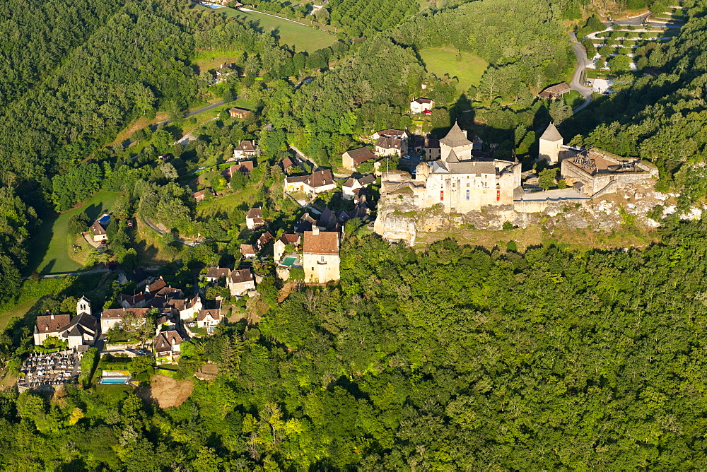 Aerial view of Castelnaud castle (Chateau Castelnaud) near Sarlat in the Dordogne-Perigord region, France, Europe