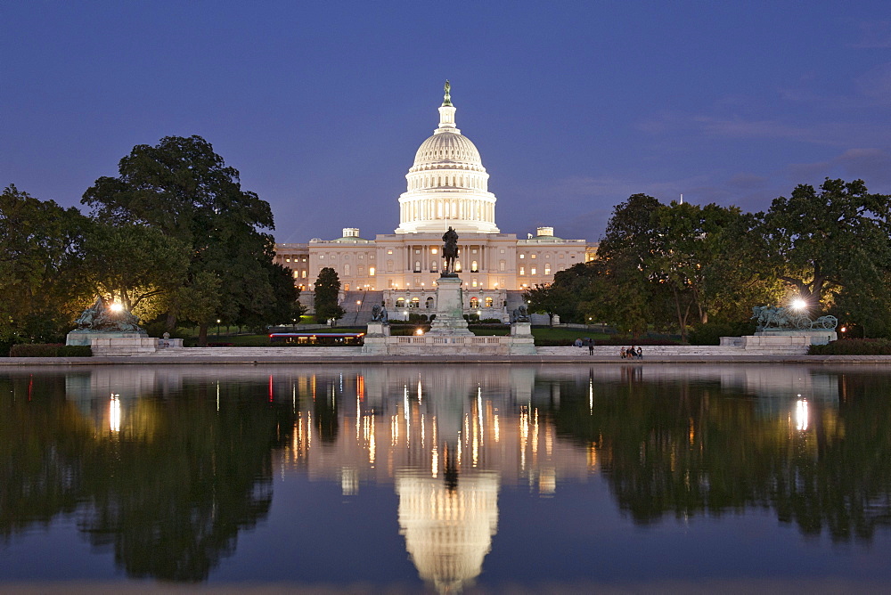 The U.S. Capitol building reflected in the Reflecting Pool in Washington D.C., United States of America, North America