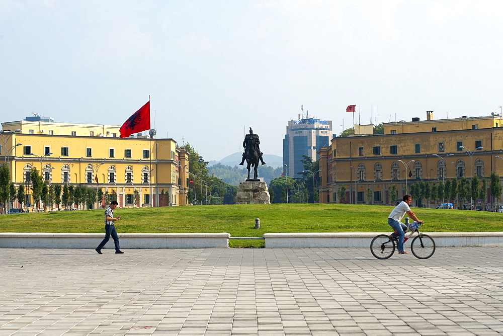 The Skanderbeg Monument in Skanderbeg Square in Tirana, capital of Albania, Europe