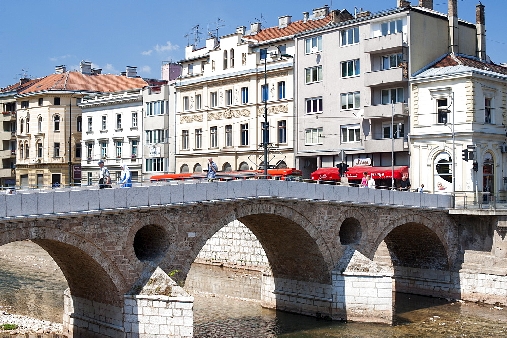 The Latin Bridge, a historic Ottoman bridge over the Miljacka River in Sarajevo, capital of Bosnia and Herzegovina, Europe