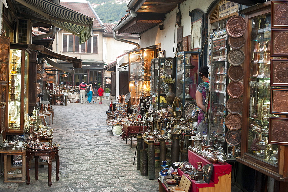 Stalls and shop in the side streets of the Bascarsija (bazaar) in Sarajevo, Bosnia and Herzegovina, Europe