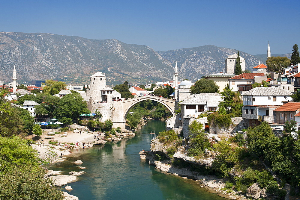 The Stari Most (Old Bridge) spanning the Neretva River in the Old City, UNESCO World Heritage Site, Mostar, Bosnia and Herzegovina, Europe