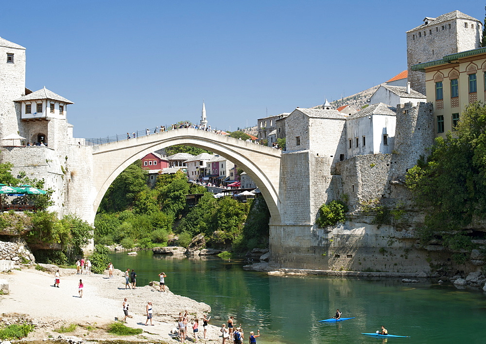 The Stari Most (Old Bridge) spanning the Neretva River in the Old City, UNESCO World Heritage Site, Mostar, Bosnia and Herzegovina, Europe