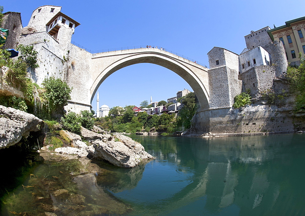 The Stari Most (Old Bridge) spanning the Neretva River in the Old City, UNESCO World Heritage Site, Mostar, Bosnia and Herzegovina, Europe