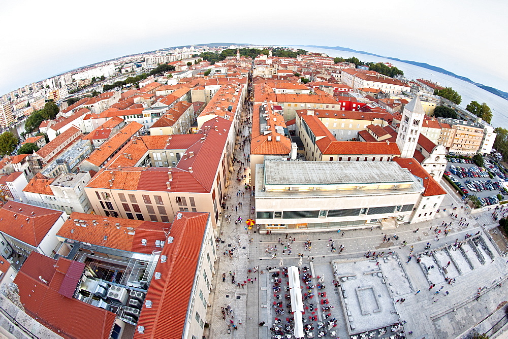 View over the rooftops of Zadar from the bell tower of the Cathedral of St. Anastasia in Zadar, Adriatic Coast, Croatia, Europe