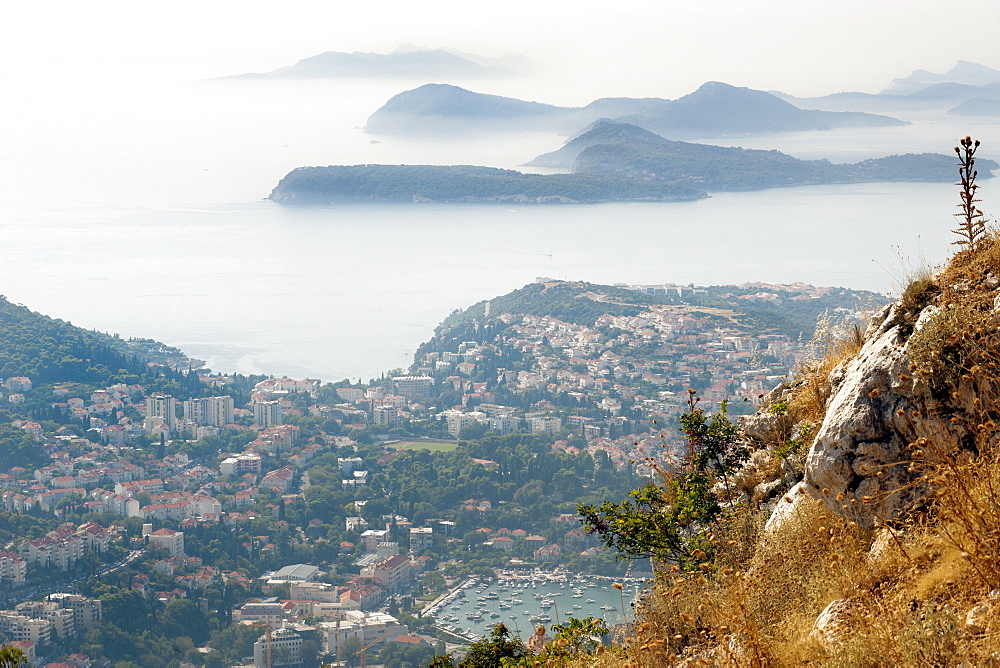 View from Mount Srd over part of the city of Dubrovnik and islands in the Adriatic Sea, Croatia, Europe