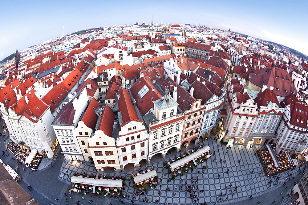 View over Old Town rooftops and parts of Staromestske namesi (Old Town Square), Prague, Czech Republic, Europe