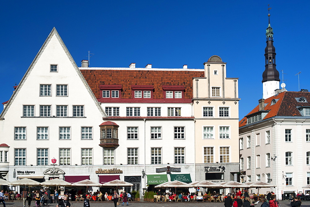 Buildings and restaurants on Raekoja Plats (Town Hall Square) in Tallinn, Estonia, Baltic States, Europe