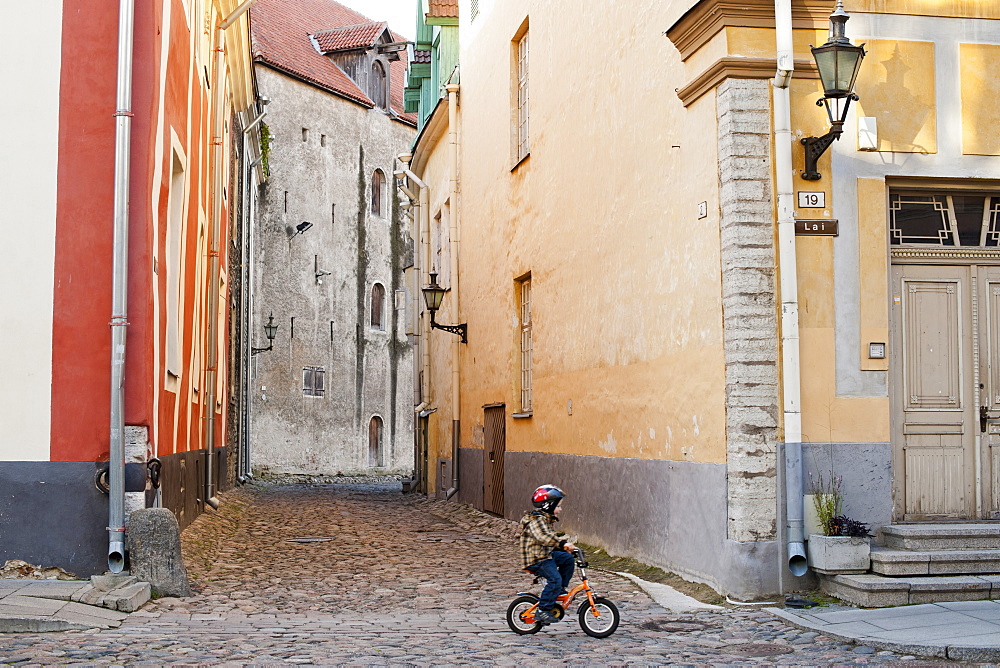 A toddler on a bicycle in Lai street in the old town, Tallinn, Estonia, Baltic States, Europe