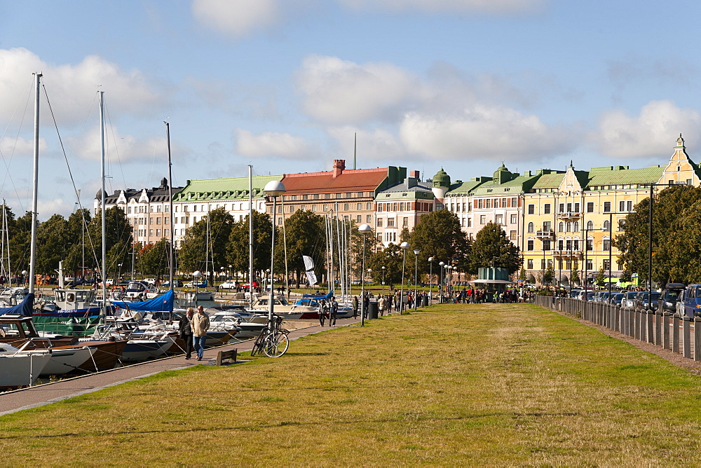 Merisatama port and promenade and buildings on the prestigious Merikatu Street in Helsinki, Finland, Scandinavia, Europe