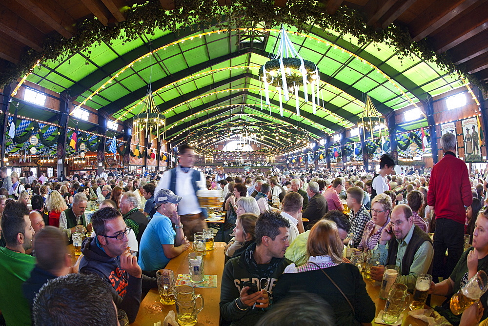 Interior of a beer tent at Oktoberfest in Munich, Bavaria, Germany, Europe