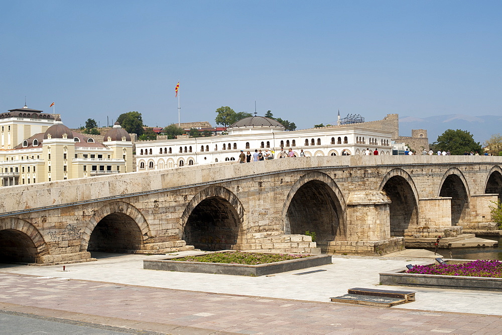 The Old Stone Bridge (Dusan Bridge) over the Vardar River in Skopje, Macedonia, Europe