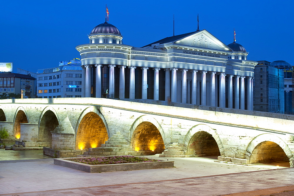 The Old Stone Bridge (Dusan Bridge) over the Vardar River in Skopje, Macedonia, Europe