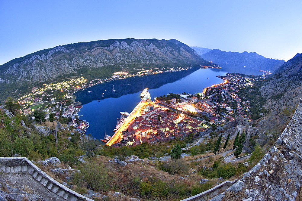 Dawn view of Kotor Bay and Kotor town from the ramparts of St John's Castle, UNESCO World Heritage Site, Montenegro, Europe