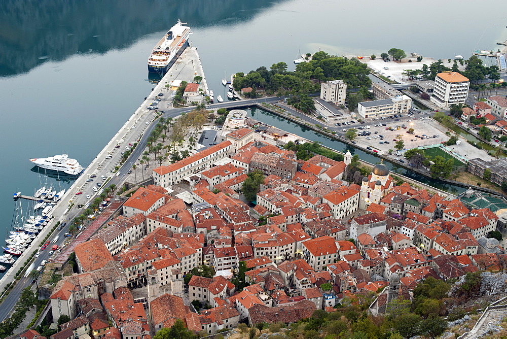 View over the port and rooftops of the old town of Kotor, UNESCO World Heritage Site, Montenegro, Europe