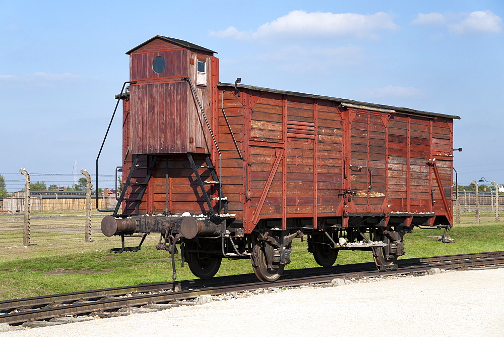 A Guterwagen (goods wagon) on display at the museum of the former Auschwitz II-Birkenau concentration camp, UNESCO World Heritage Site, southern Poland, Europe