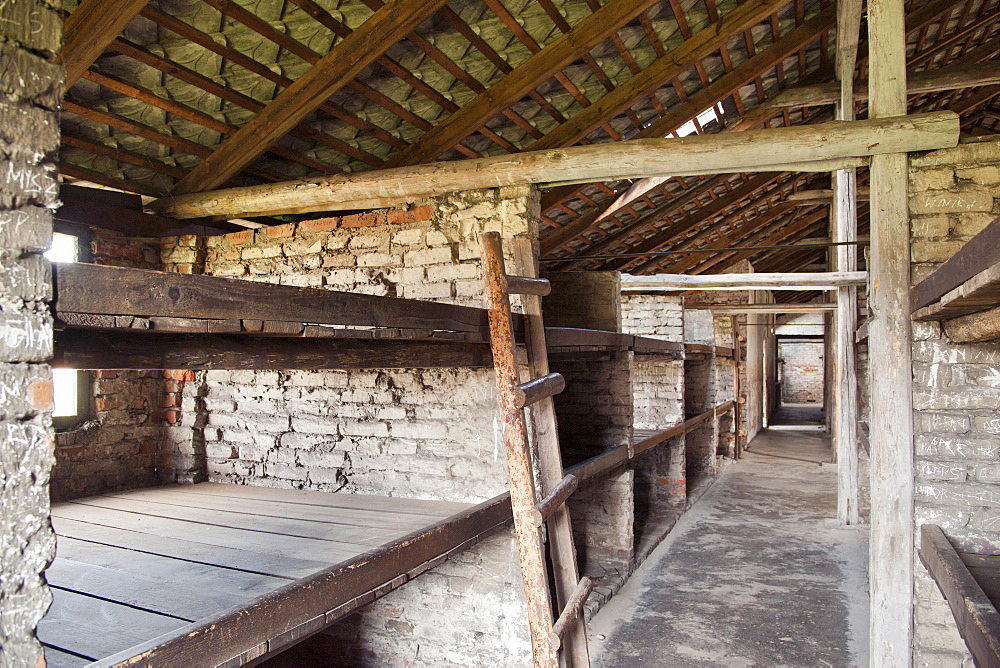 Interior of one of the barracks in the former Auschwitz II-Birkenau concentration camp, UNESCO World Heritage Site, Poland, Europe