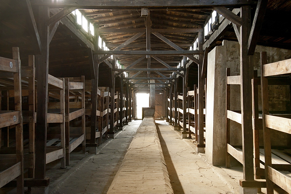 Interior of one of the barracks in the former Auschwitz II-Birkenau concentration camp, UNESCO World Heritage Site, Poland, Europe