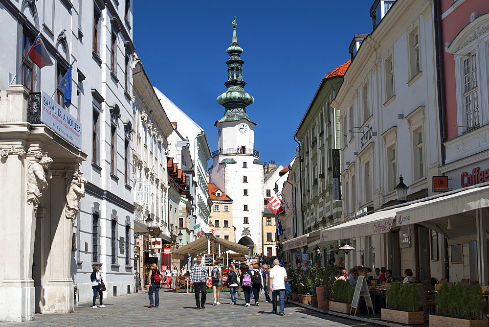 Michalska street and St. Michael's Gate and Tower in Bratislava, Slovakia, Europe