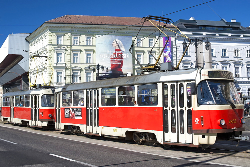 Tram in the streets of Bratislava, Slovakia, Europe