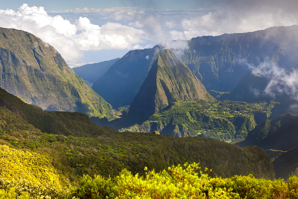 View of the Cirque de Mafate caldera and the Piton Cabri peak, 1435m, on the French island of Reunion in the Indian Ocean, Africa