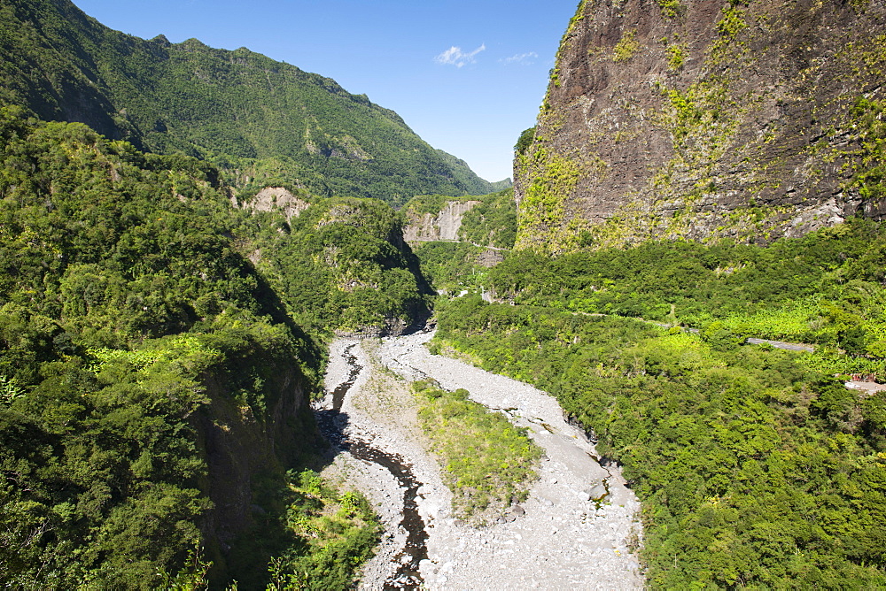 Landscape along the road to the Cirque de Cilaos caldera on the French island of Reunion in the Indian Ocean, Africa