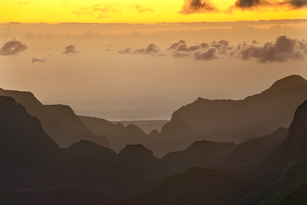 Mountain ridges of the Cirque de Mafate caldera on the French island of Reunion in the Indian Ocean, Africa