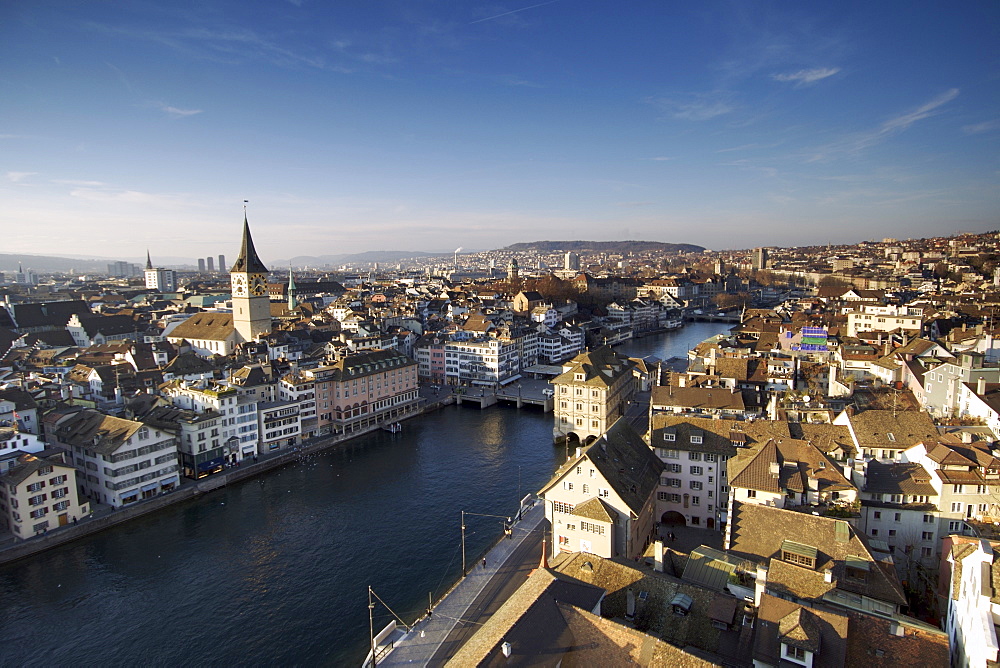 View across the Limmat River and old town of Zürich from the top of Grossmünster church.