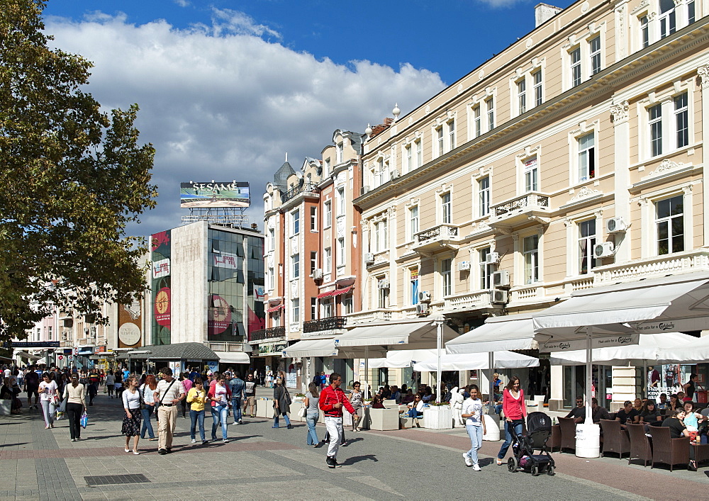 Knyaz Alexandar I pedestrian street in Plovdiv, the second largest city in Bulgaria, Europe