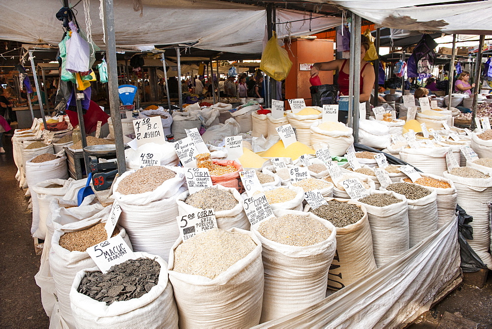 Grain for sale in the market in Chisinau, the capital of Moldova, Europe