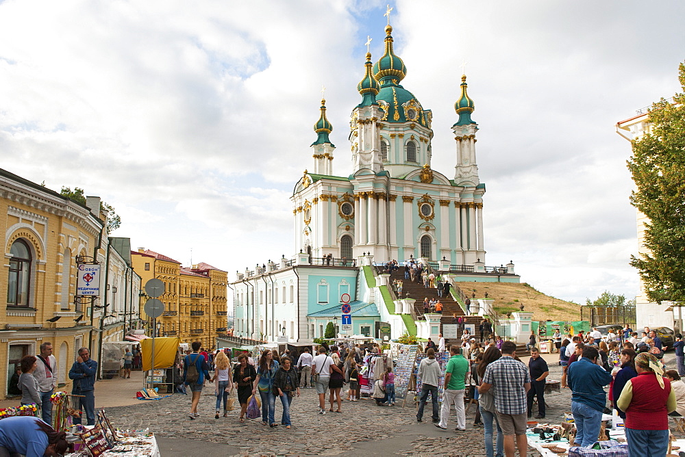 St. Andrew's Church and Andriyivskyy Descent, a famous road with curio stalls in Kiev, capital of Ukraine, Europe