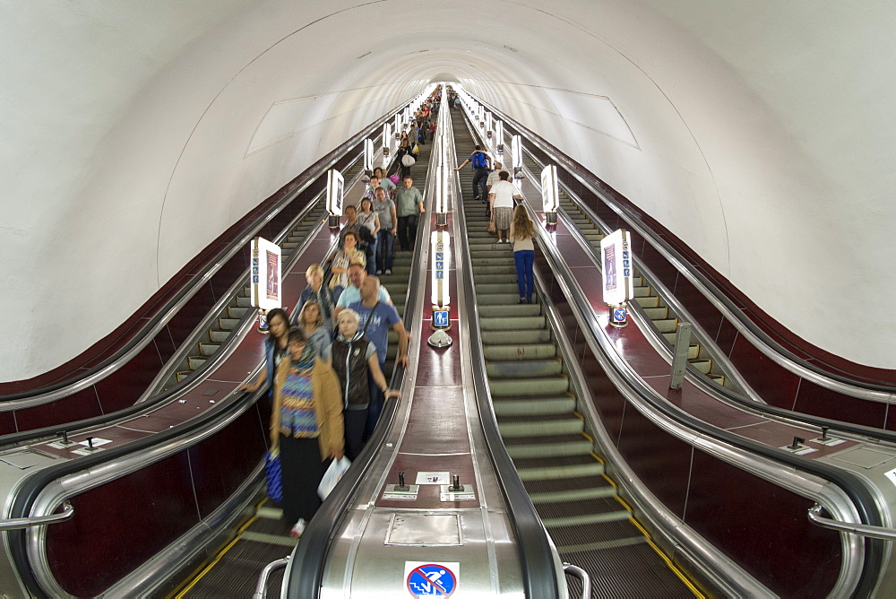 Escalators in the Vokzalna metro station in Kiev, Ukraine, Europe