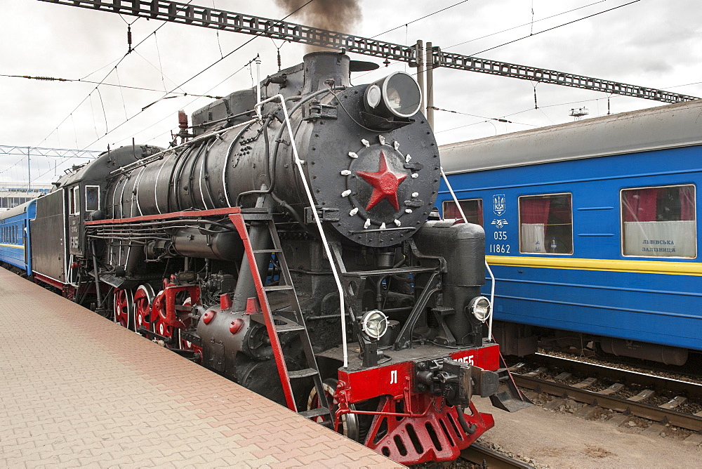 Old steam locomotive in the central station in Kiev, the Ukraine, Europe