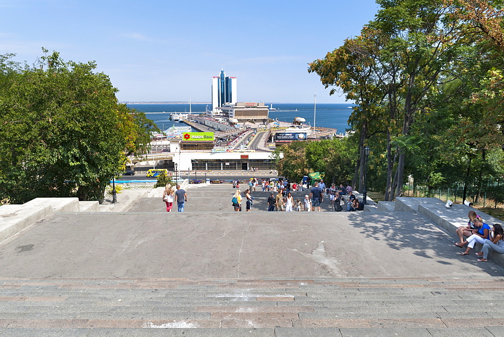 View down the Potemkin Stairs towards the Black Sea in Odessa, Ukraine, Europe