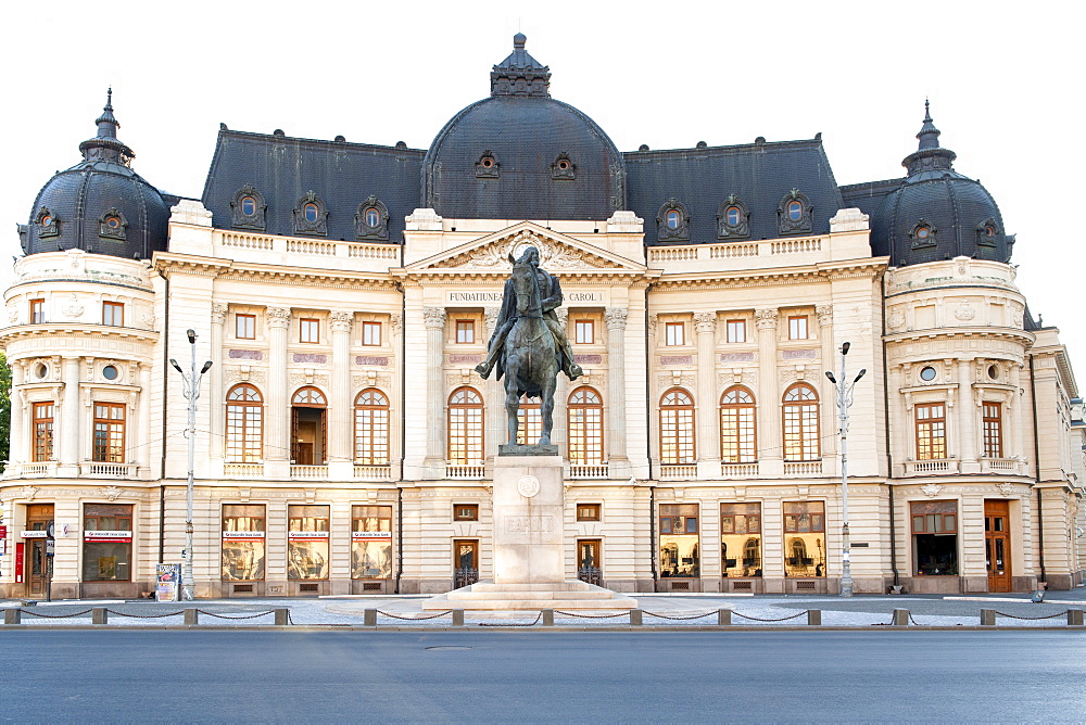 Equestrian statue of Carol I in front of the Central University Library of Bucharest, Bucharest, Romania, Europe