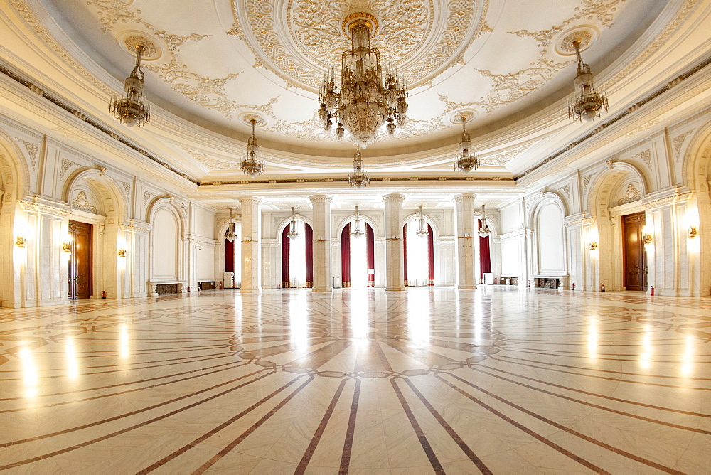 Ceiling and columns of one of the rooms in the Palace of the Parliament in Bucharest, Romania, Europe