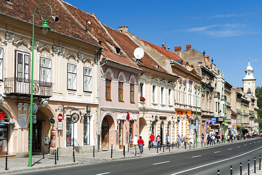 Buildings on George Baritiu street in the old town in Brasov, a city in the central Transylvania region of Romania, Europe